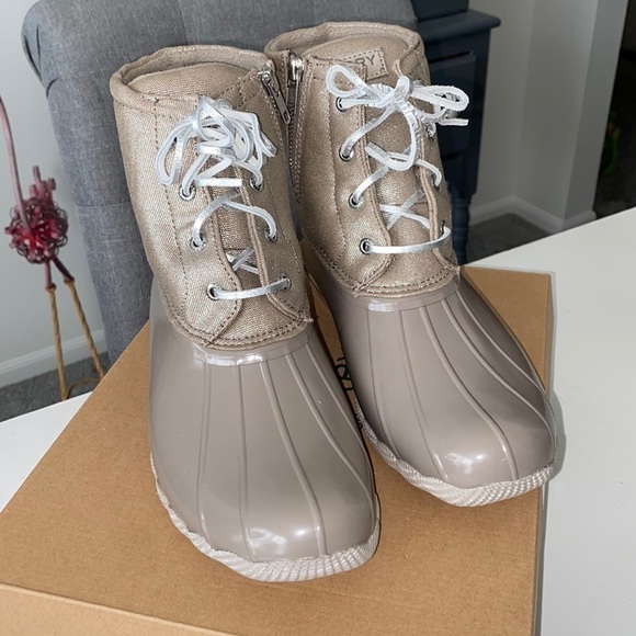Sperry Saltwater Waterproof Silver Beige Shimmer Dove Duck Booties Rain Boots - Picture 5 of 17